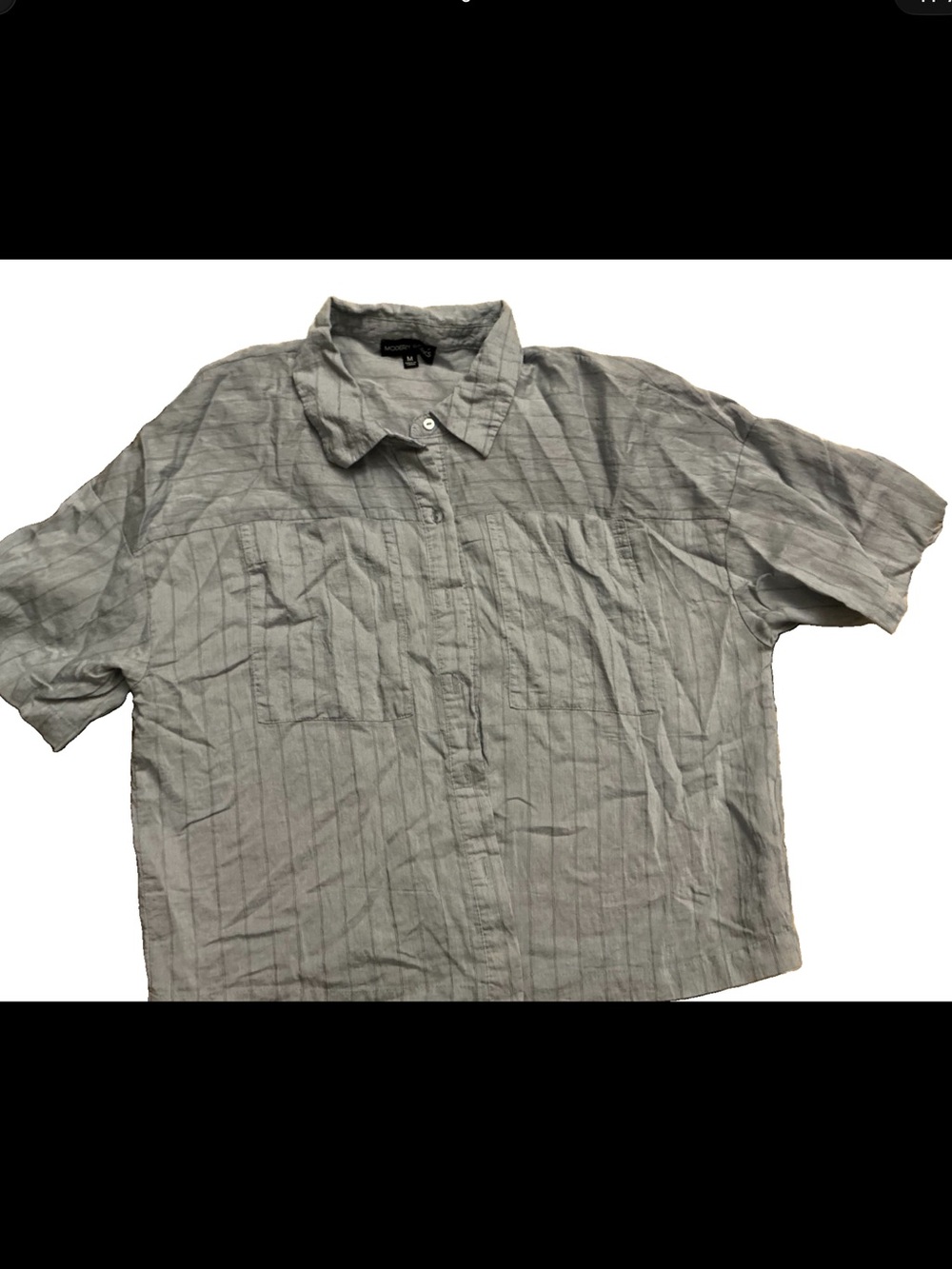 🔥 Modern Works Women M Gray Pinstripe Rayon Linen Button Up Short Sleeve Shirt
